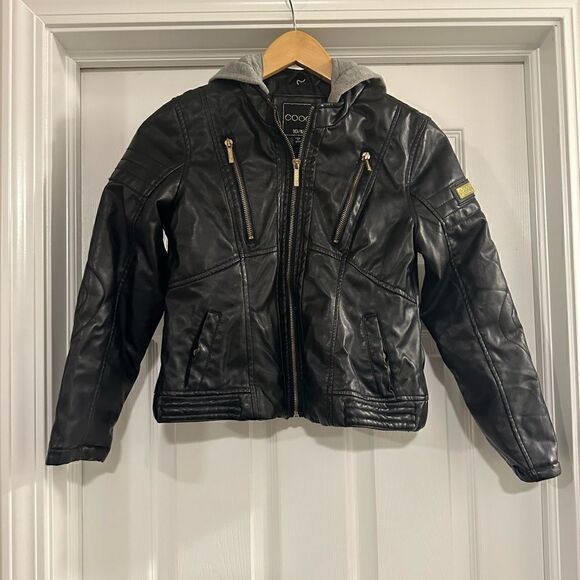 Kids Coogi jacket vegan leather moto hooded black size 10/12 - Picture 1 of 6